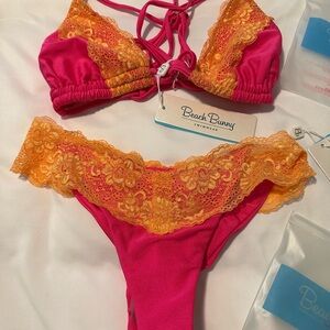 Beach Bunny Lady Lace Tie Front Bikini Set Pink and Orange  XL Top & M Bottom